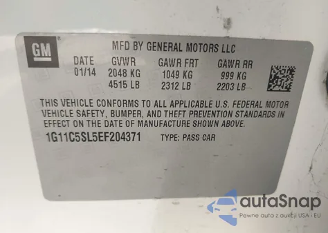 2014 Chevrolet Malibu 1Lt z USA, uszkodzony, nr VIN 1G11C5SL5EF204371